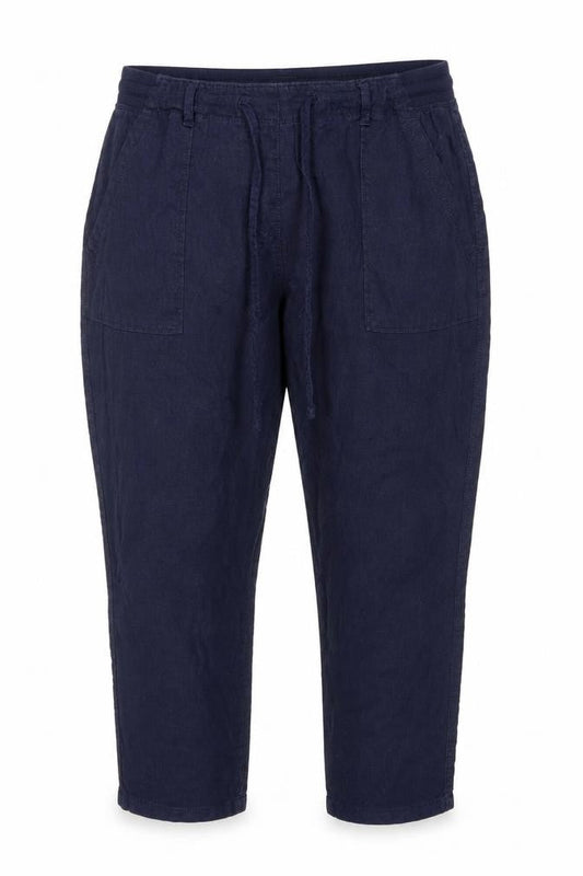 Front view of Marks & Spencer women’s blue viscose bloomer trousers, size UK 14, 27-inch leg regular