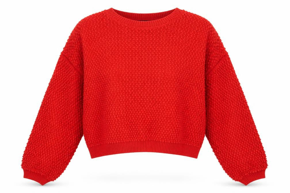 Front view of Primark women’s red acrylic pullover sweatshirt, size M