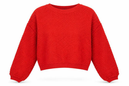Front view of Primark women’s red acrylic pullover sweatshirt, size M