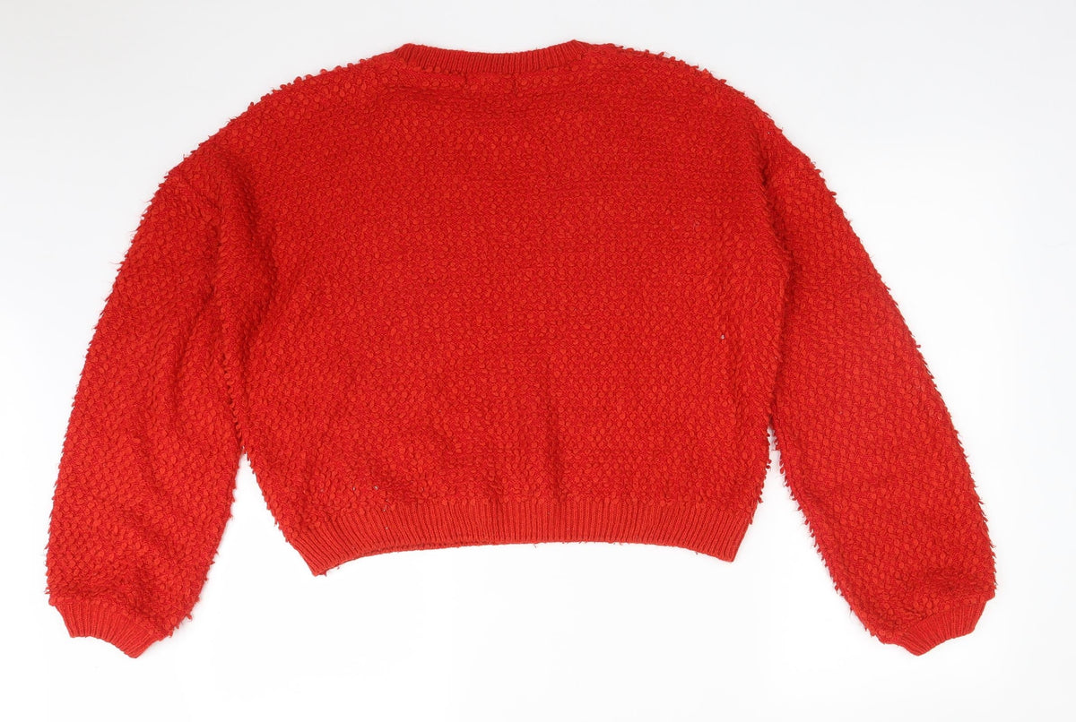 Back view of Primark women’s red acrylic pullover sweatshirt, size M