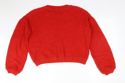 Back view of Primark women’s red acrylic pullover sweatshirt, size M