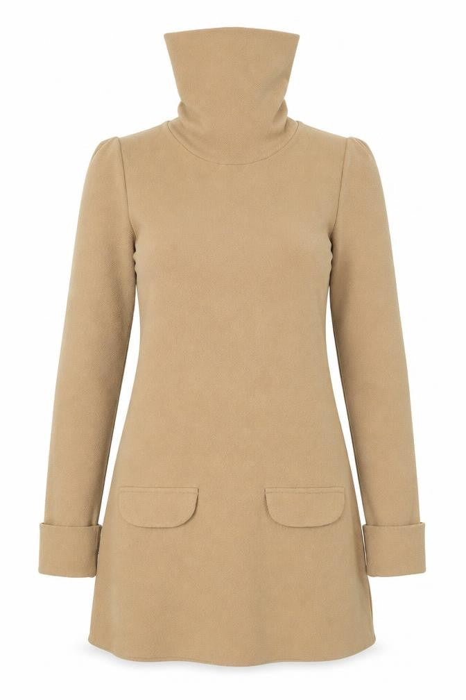 Front view of Lozana women’s beige polyester a-line, size UK 8, roll neck