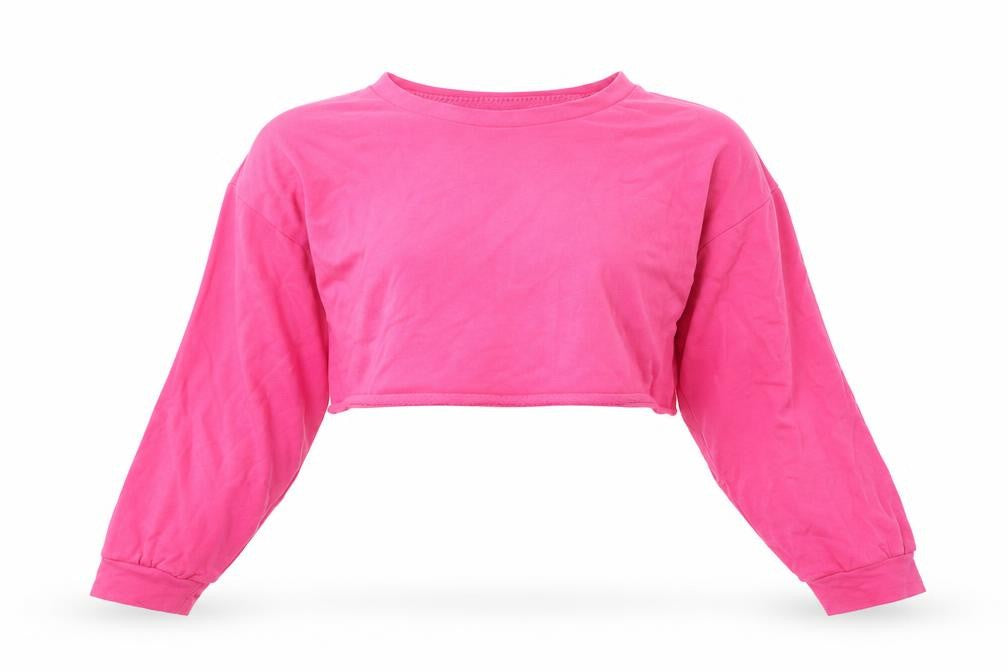 Front view of PRETTYLITTLETHING women’s pink cotton pullover sweatshirt, size UK 6, - cropped