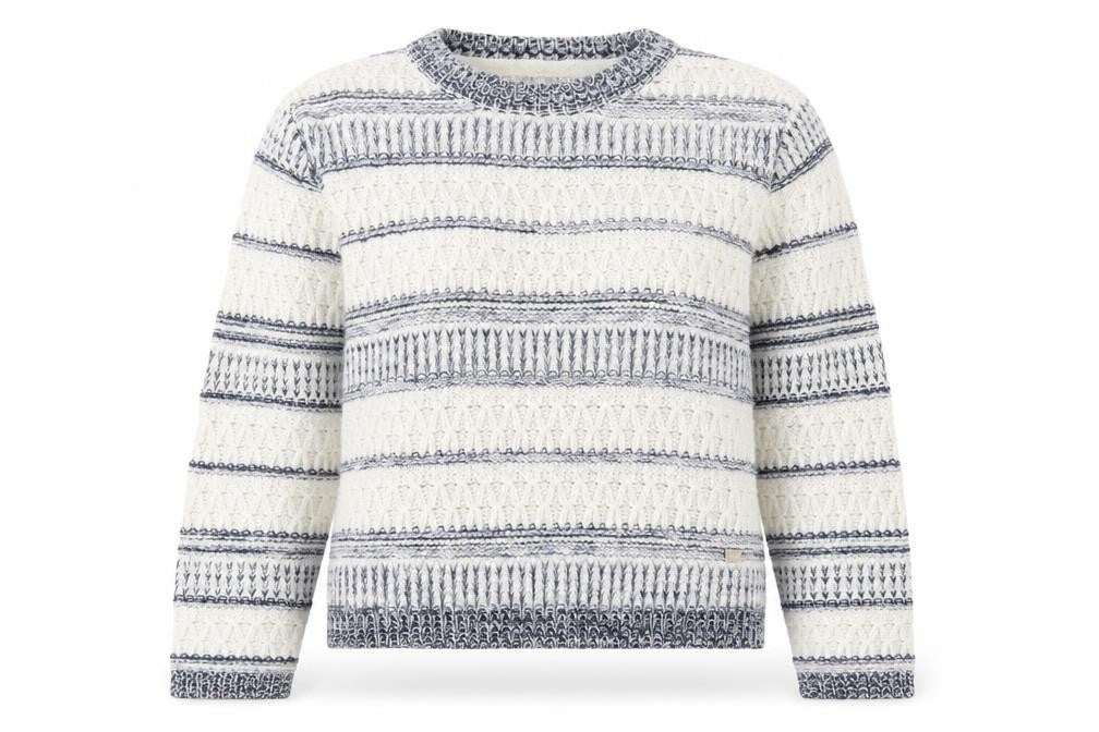 Front view of ES women’s multicoloured round neck striped polyester jumper, size UK 10