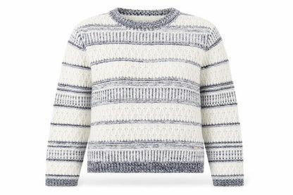 Front view of ES women’s multicoloured round neck striped polyester jumper, size UK 10