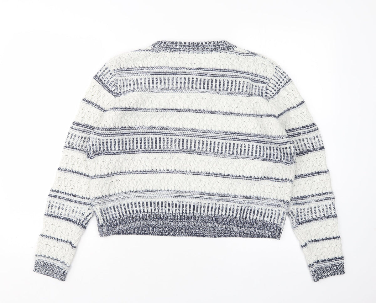 Back view of ES women’s multicoloured round neck striped polyester jumper, size UK 10