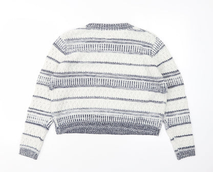 Back view of ES women’s multicoloured round neck striped polyester jumper, size UK 10