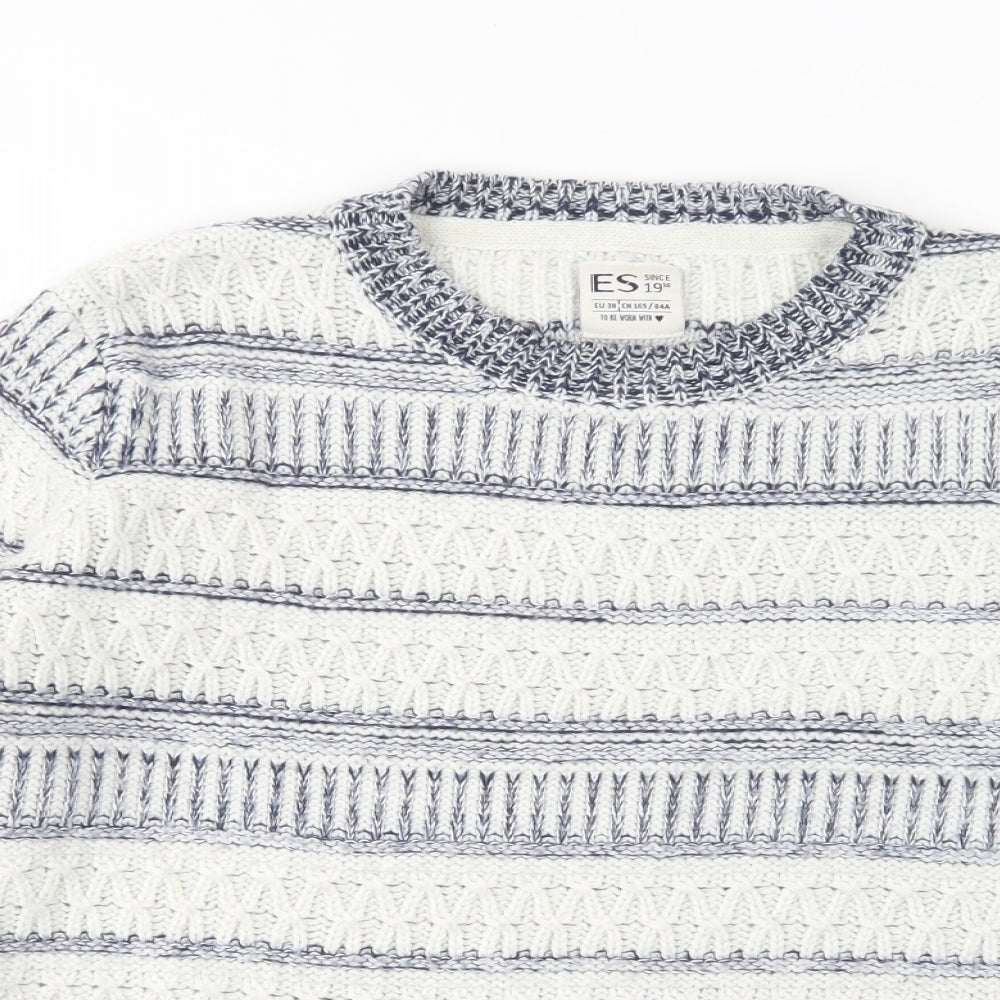 Close-up detail of ES women’s multicoloured round neck striped polyester jumper, size UK 10