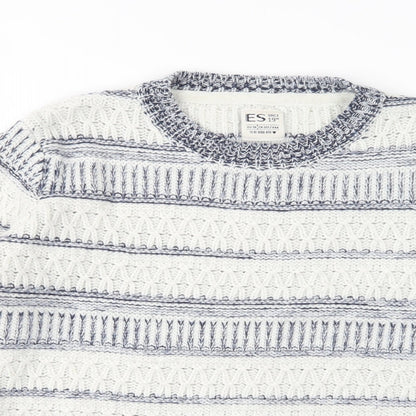 Close-up detail of ES women’s multicoloured round neck striped polyester jumper, size UK 10