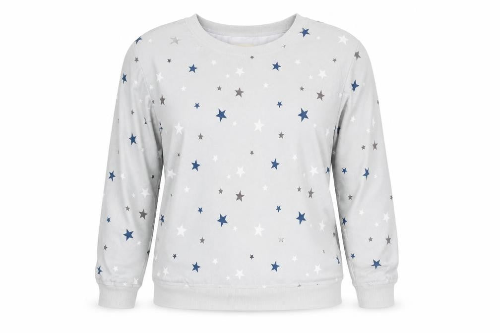 Front view of Avenue women’s grey geometric polyester top pyjama top, size M, - stars