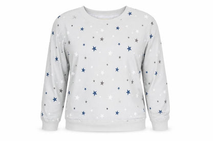 Front view of Avenue women’s grey geometric polyester top pyjama top, size M, - stars
