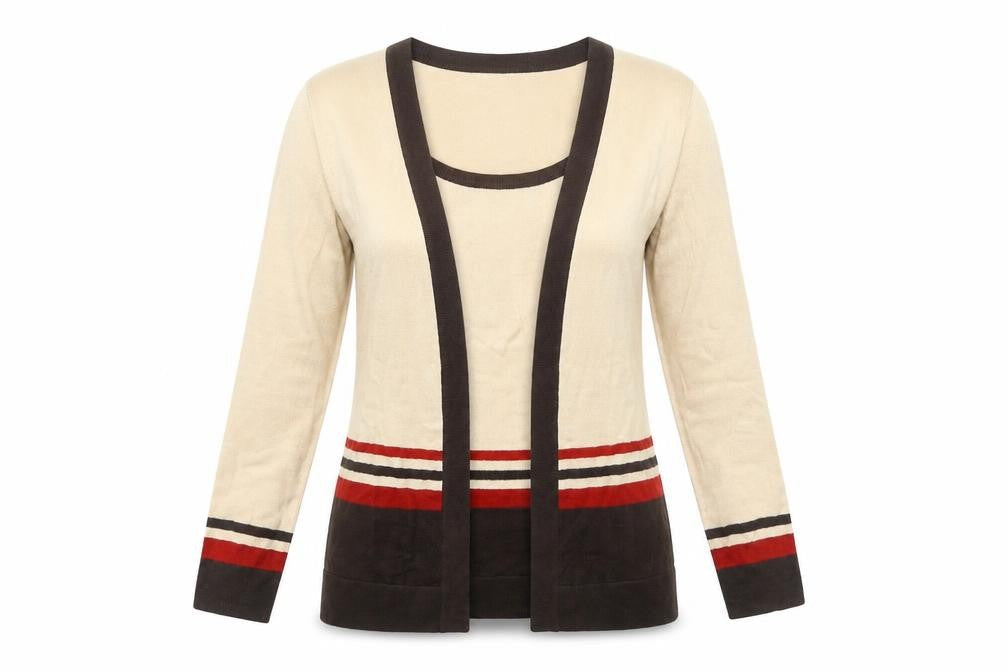 Front view of Debenhams women’s beige round neck acrylic jumper, size UK 10