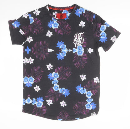 DFND Womens Black Floral Polyester Basic Polo Size M Round Neck