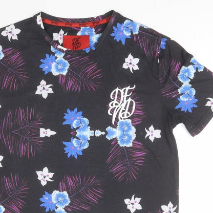 DFND Womens Black Floral Polyester Basic Polo Size M Round Neck