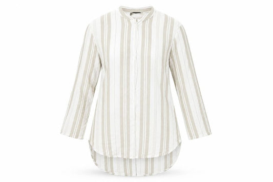 Front view of Atmosphere women’s green striped viscose basic button-up, size UK 12, collared