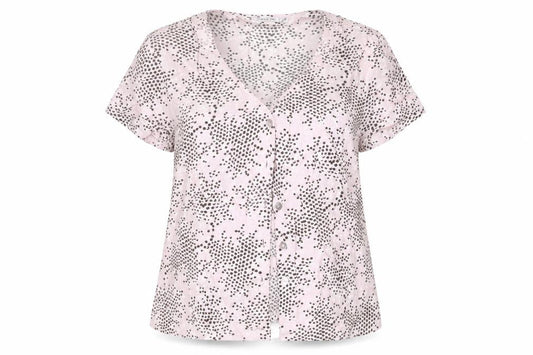 Front view of Gold women’s pink polka dot polyester basic button-up, size UK 14, collared