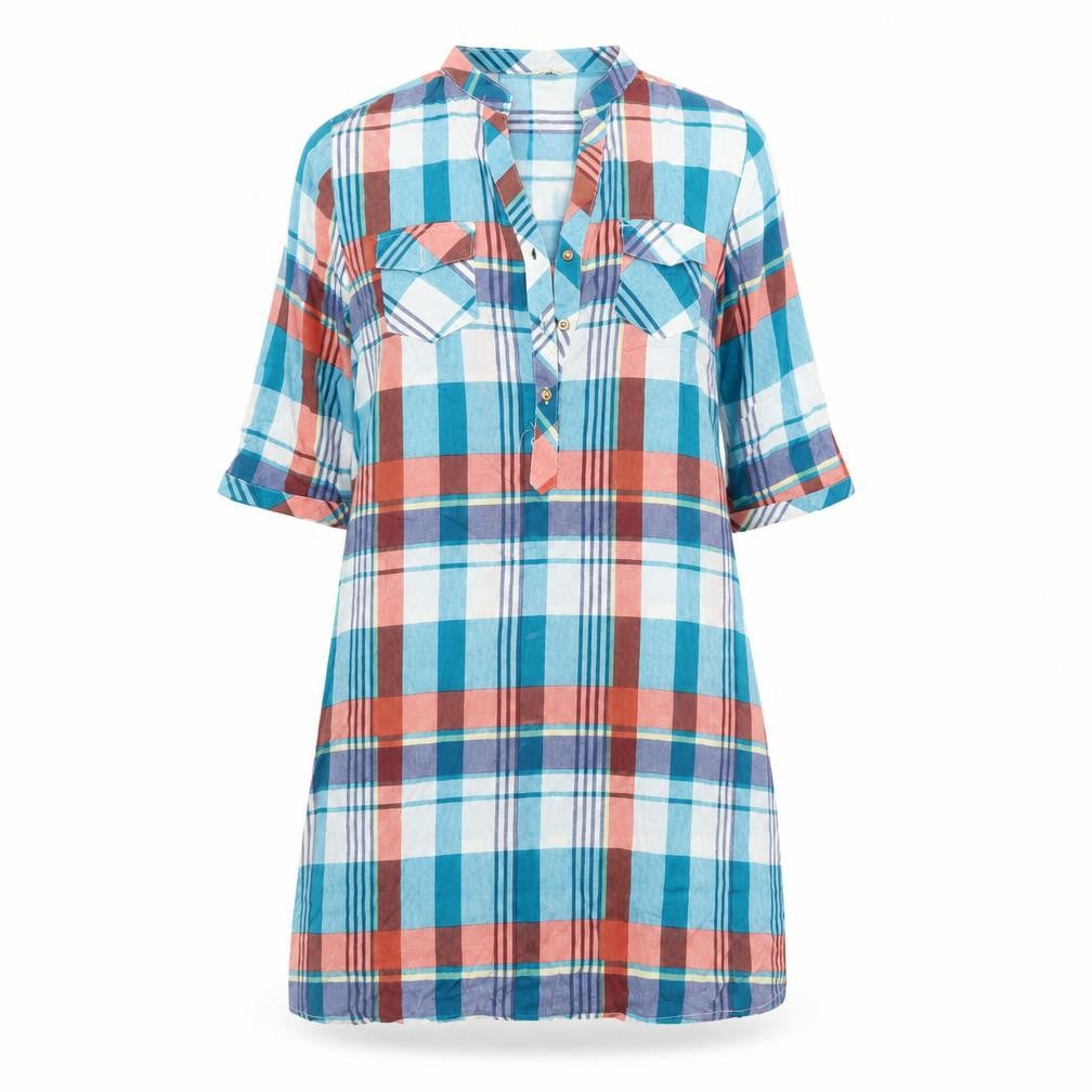 Front view of women’s blue plaid viscose t-shirt dress, size S, round neck