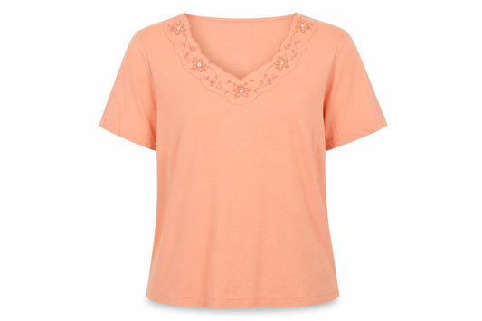 Front view of Bonmarché women’s orange cotton basic blouse, size XL, v-neck