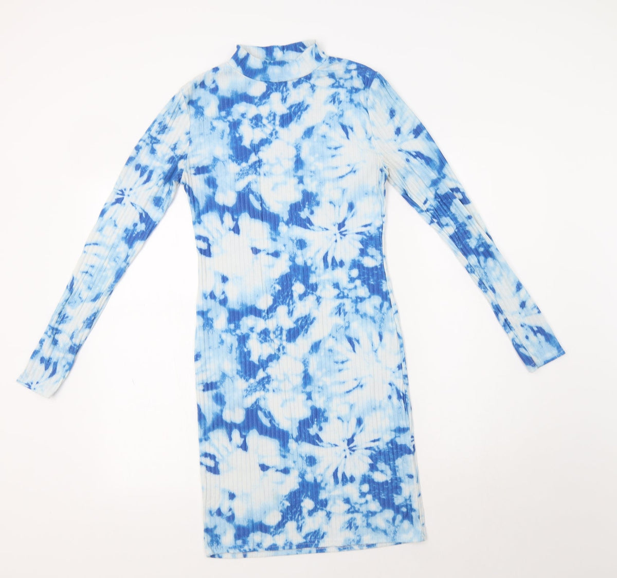 Additional front view of Mode-LL women’s blue batik polyester bodycon, size UK 8, mock neck