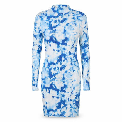 Front view of Mode-LL women’s blue batik polyester bodycon, size UK 8, mock neck