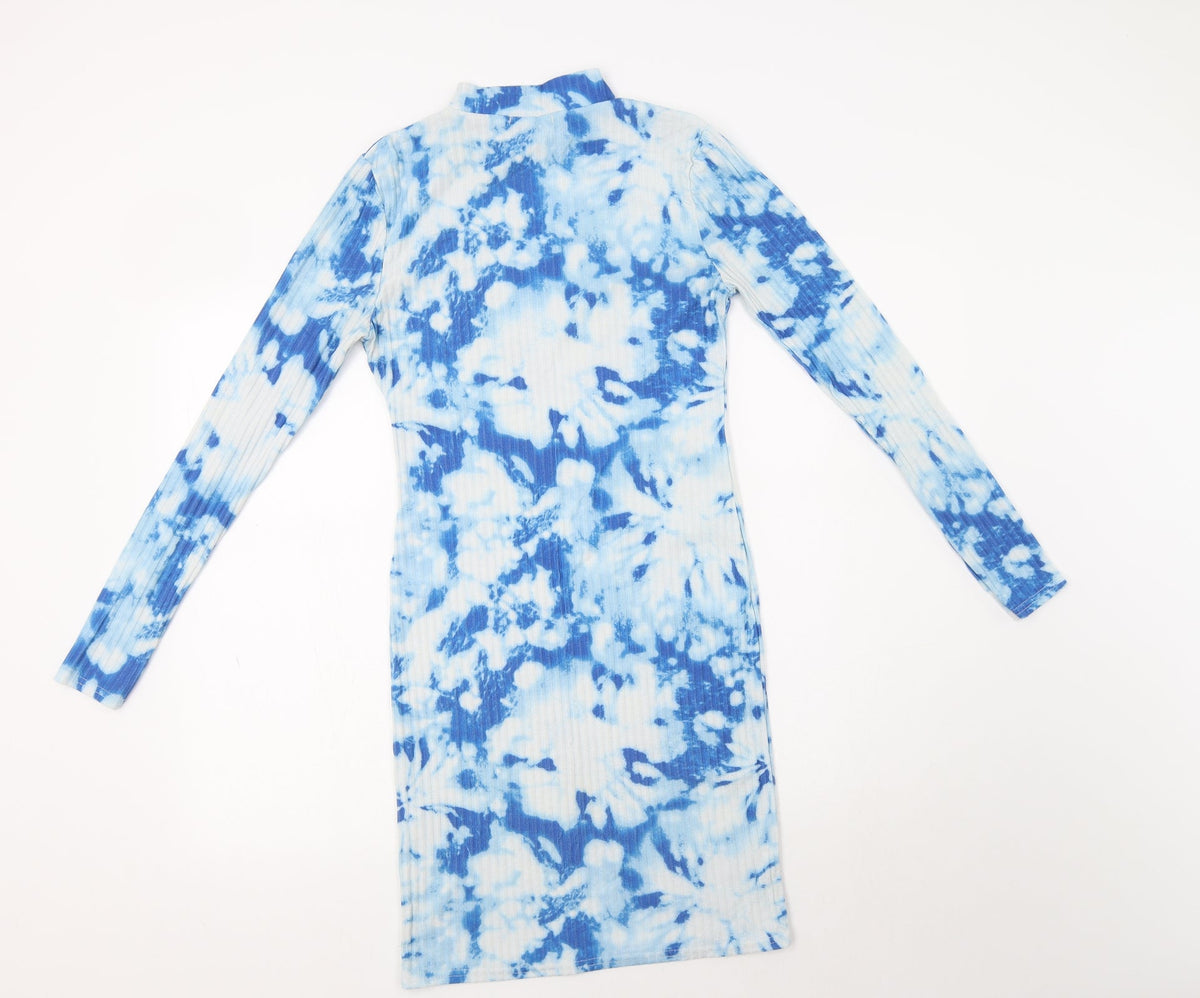 Back view of Mode-LL women’s blue batik polyester bodycon, size UK 8, mock neck