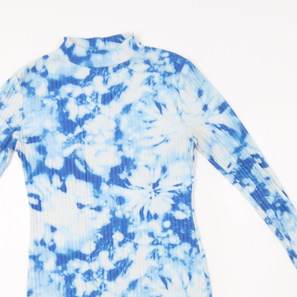 Close-up detail of Mode-LL women’s blue batik polyester bodycon, size UK 8, mock neck
