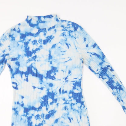 Close-up detail of Mode-LL women’s blue batik polyester bodycon, size UK 8, mock neck