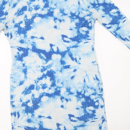 Brand and care label for Mode-LL women’s blue batik polyester bodycon, size UK 8, mock neck