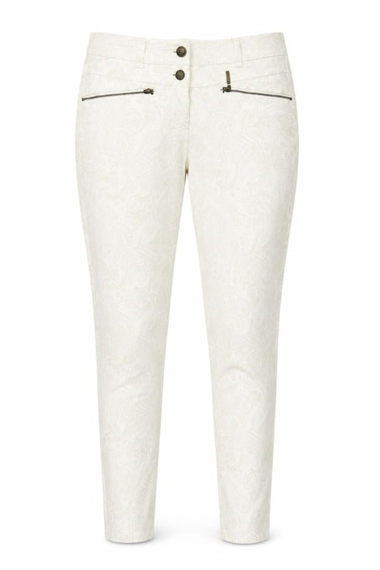 Front view of Olsen women’s ivory paisley cotton skinny jeans, size UK 8, 31-inch leg regular button