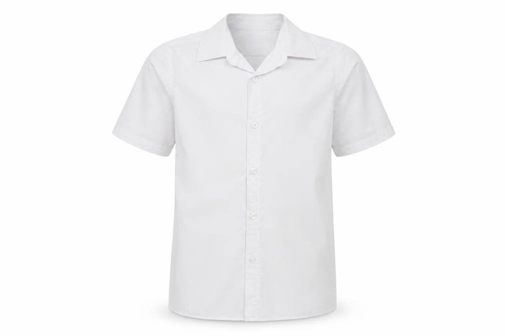 Front view of Marks & Spencer boys’ white polyester basic button-up, size 8-9, years collared
