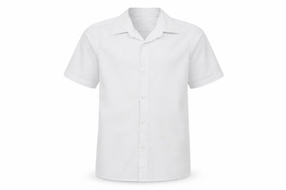 Front view of Marks & Spencer boys’ white polyester basic button-up, size 8-9, years collared