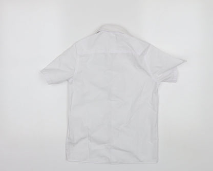 Back view of Marks & Spencer boys’ white polyester basic button-up, size 8-9, years collared