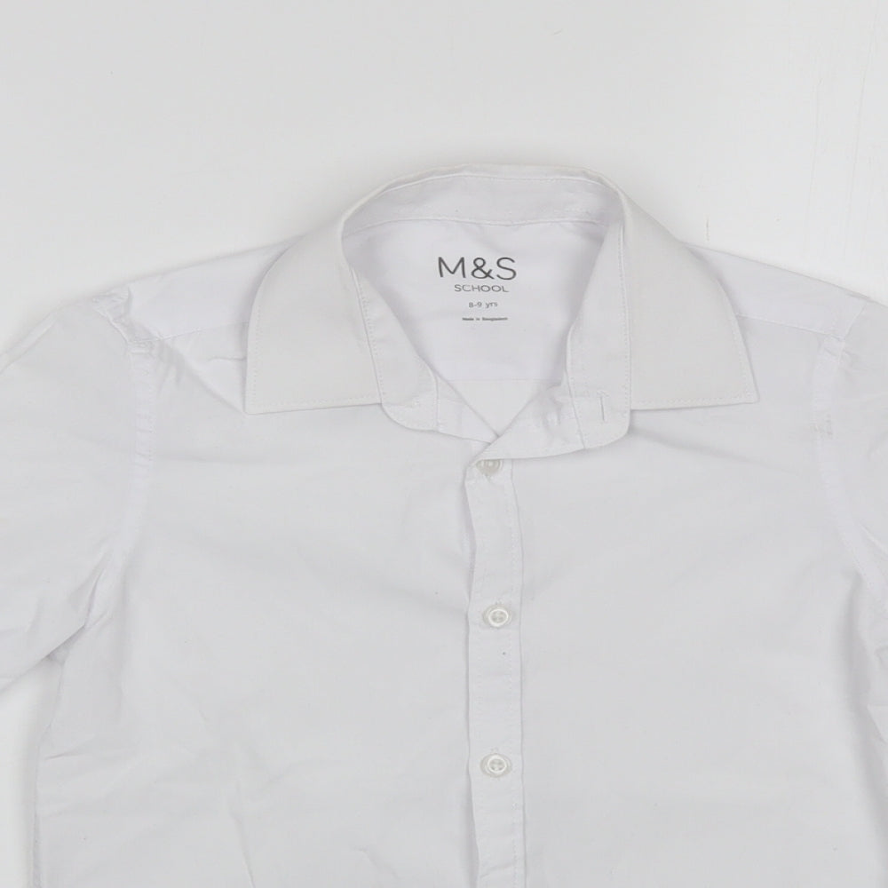 Close-up detail of Marks & Spencer boys’ white polyester basic button-up, size 8-9, years collared