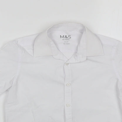 Close-up detail of Marks & Spencer boys’ white polyester basic button-up, size 8-9, years collared