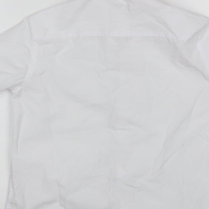 Brand and care label for Marks & Spencer boys’ white polyester basic button-up, size 8-9, years collared