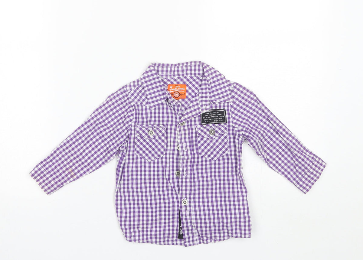 Additional front view of Funk Jeans Baby Purple Plaid Cotton Basic Button-Up, size 12, Months Collared