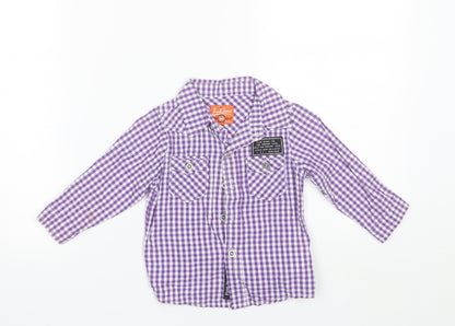 Additional front view of Funk Jeans Baby Purple Plaid Cotton Basic Button-Up, size 12, Months Collared