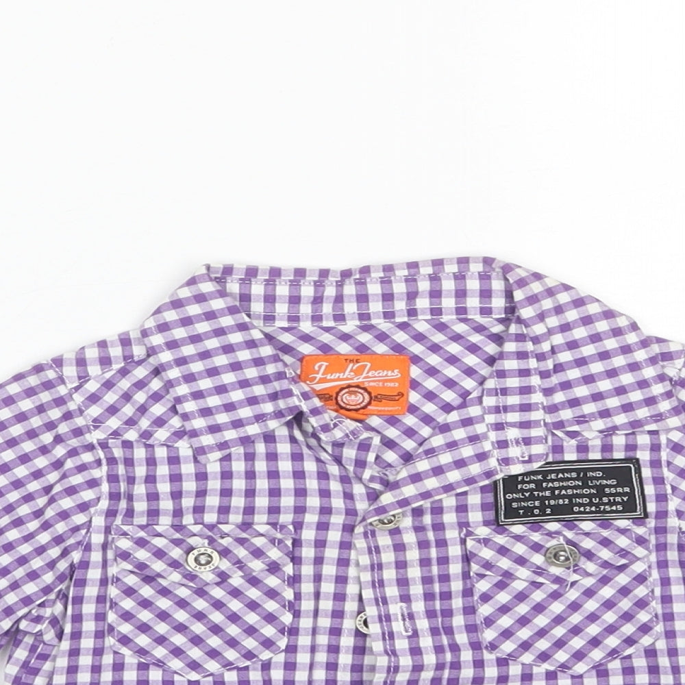 Close-up detail of Funk Jeans Baby Purple Plaid Cotton Basic Button-Up, size 12, Months Collared