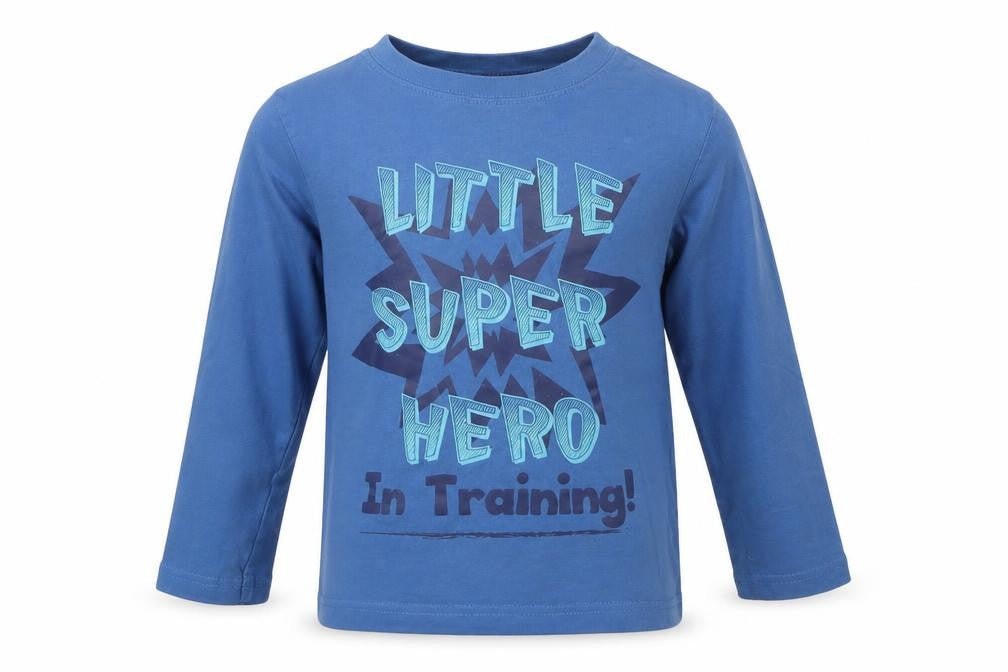 Front view of boys’ boys blue cotton basic t-shirt, size 5-6, years round neck - super hero
