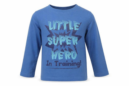 Front view of boys’ boys blue cotton basic t-shirt, size 5-6, years round neck - super hero