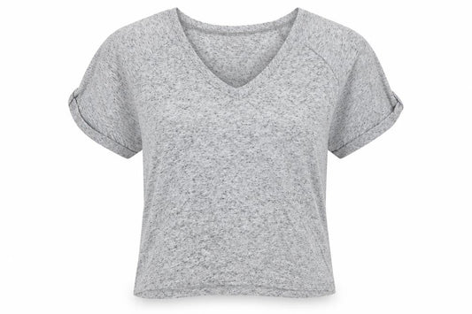 Front view of BDG women’s grey polyester basic blouse, size S, v-neck