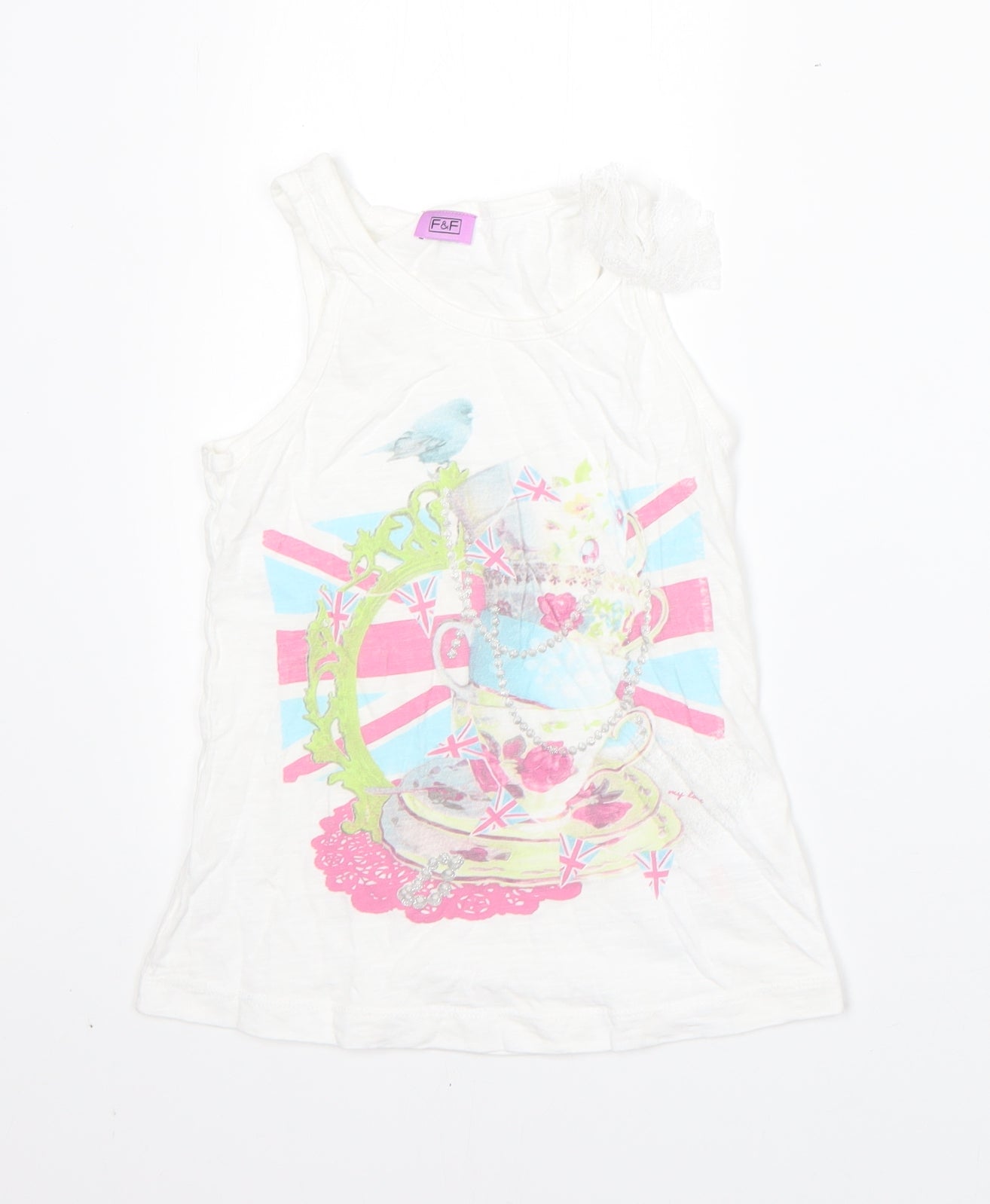 F&F Girls White  Cotton Basic Tank Size 7-8 Years Round Neck  - english tea