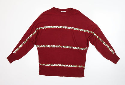 TU Womens Red Round Neck Striped Acrylic Pullover Jumper Size 8