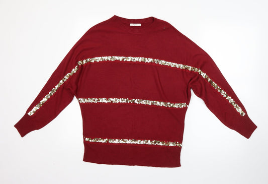 TU Womens Red Round Neck Striped Acrylic Pullover Jumper Size 8