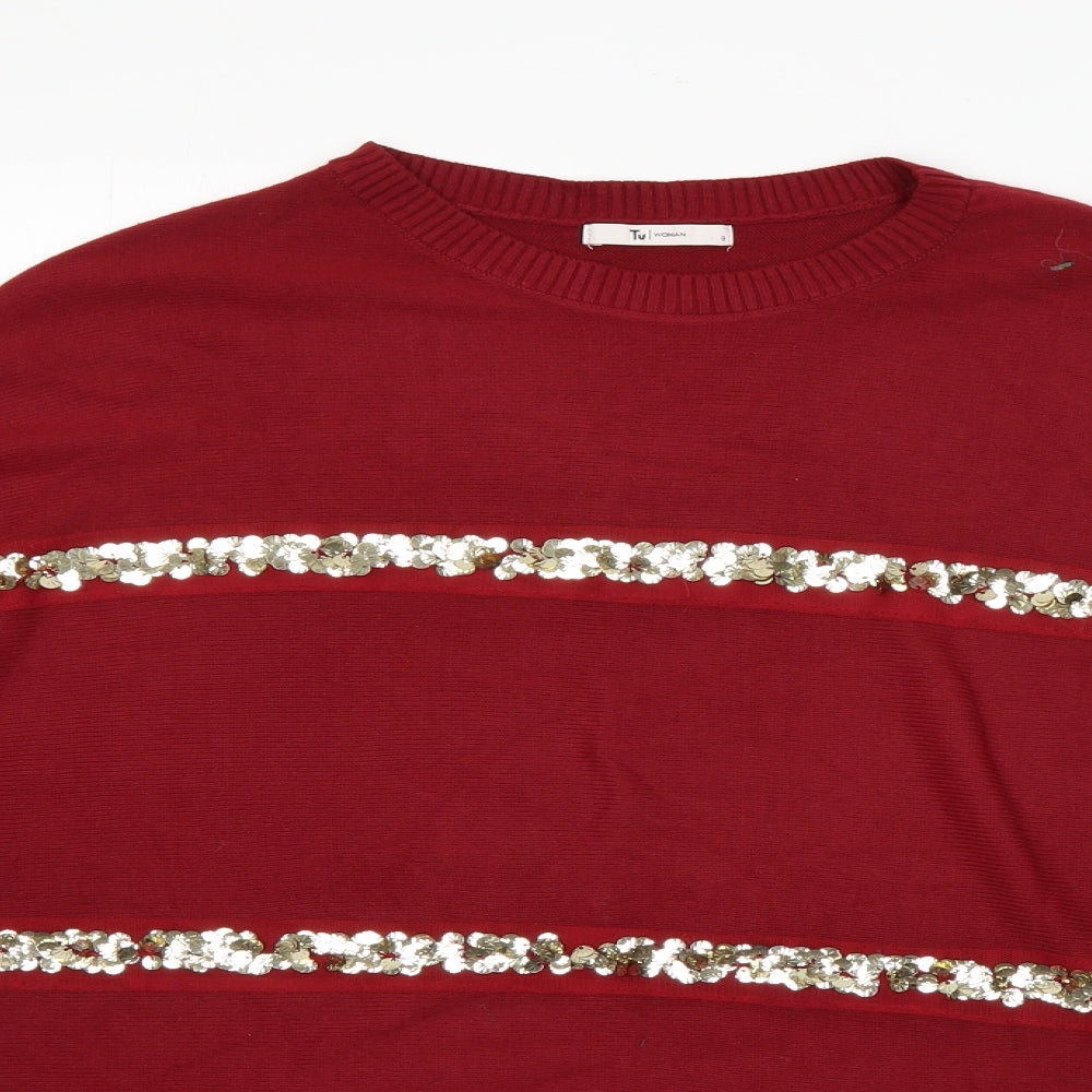 TU Womens Red Round Neck Striped Acrylic Pullover Jumper Size 8