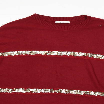TU Womens Red Round Neck Striped Acrylic Pullover Jumper Size 8