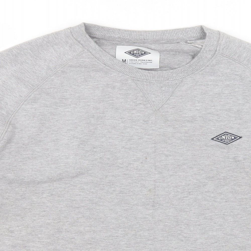 Close-up detail of Union men’s grey round neck cotton jumper, size M