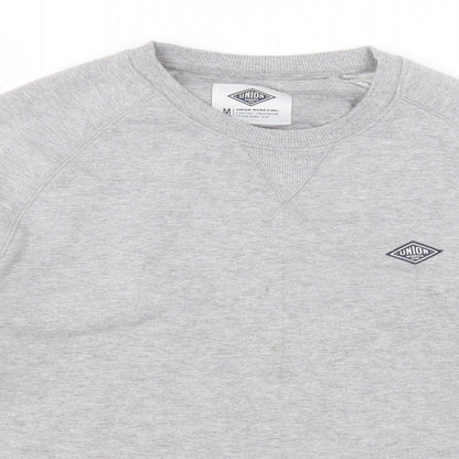 Close-up detail of Union men’s grey round neck cotton jumper, size M