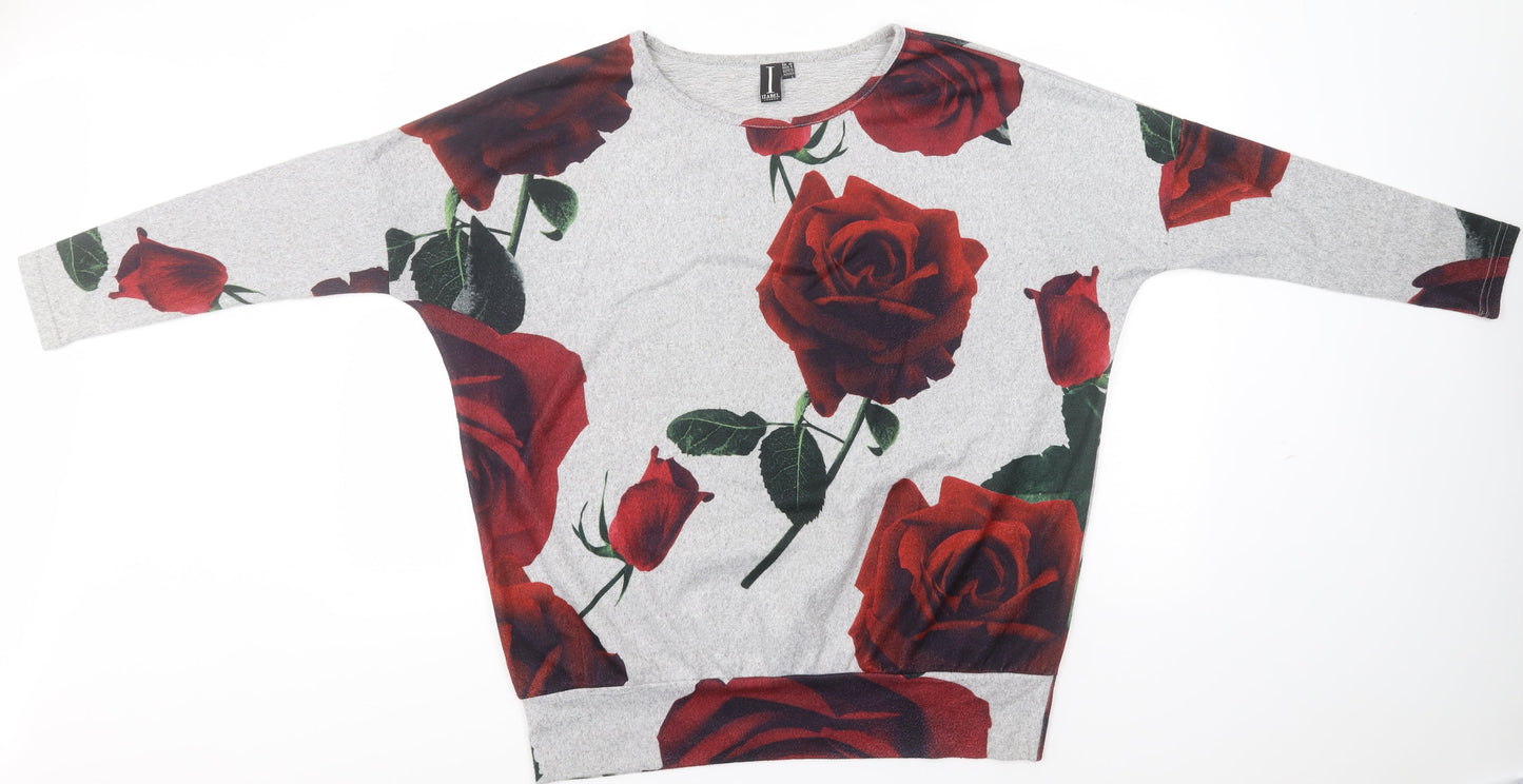 Izabel Womens Grey Round Neck Floral Polyester Pullover Jumper Size 12