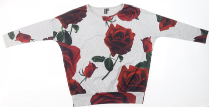 Izabel Womens Grey Round Neck Floral Polyester Pullover Jumper Size 12